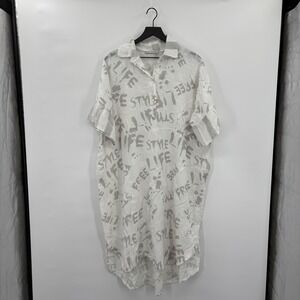 Womens Linen Maxi Shirt Dress White Gray Graphic Print Button Up Made in Italy